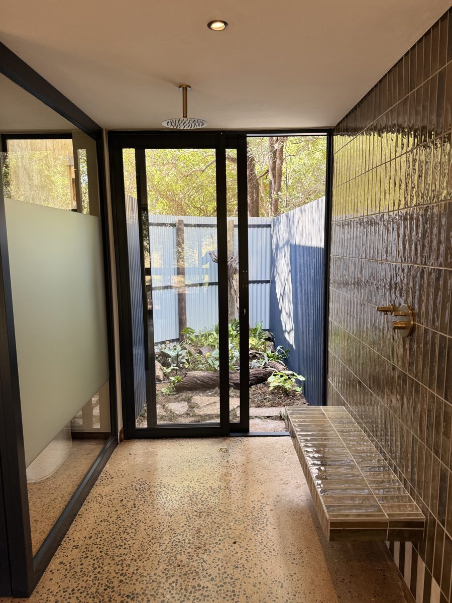 Madikwe lodge outdoor shower with brass fittings